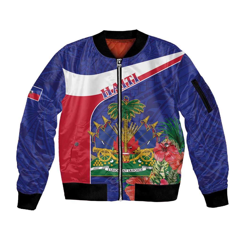 Haiti Neg Marron Sleeve Zip Bomber Jacket Ayiti Map - Hibiscus Polynesian Pattern - African Pride
