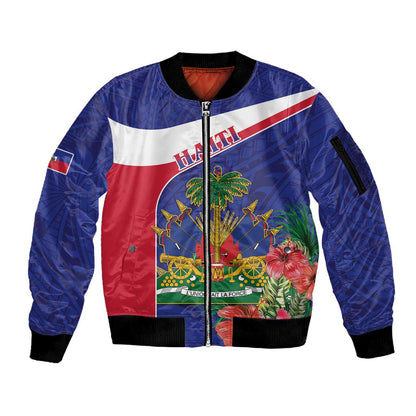 Haiti Neg Marron Sleeve Zip Bomber Jacket Ayiti Map - Hibiscus Polynesian Pattern - African Pride