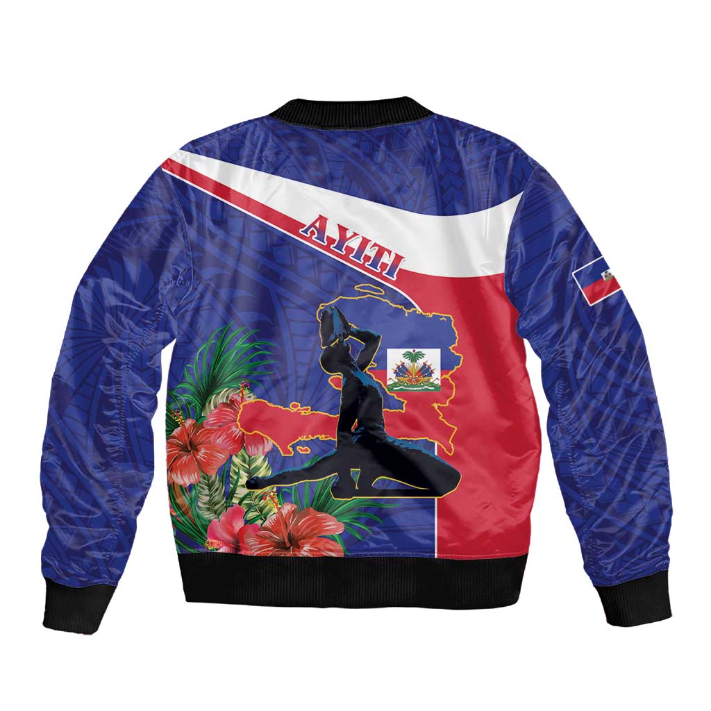 Haiti Neg Marron Sleeve Zip Bomber Jacket Ayiti Map - Hibiscus Polynesian Pattern - African Pride