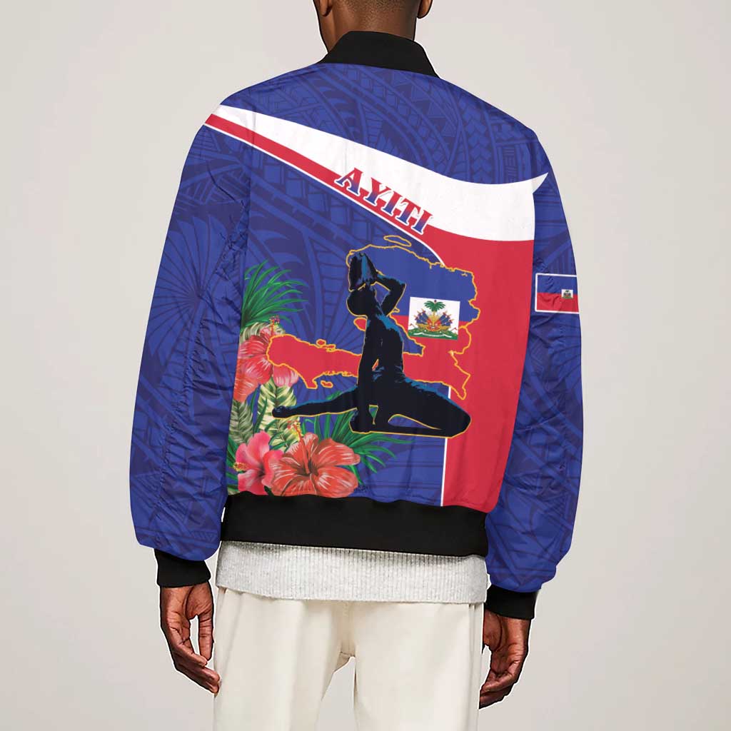 Haiti Neg Marron Sleeve Zip Bomber Jacket Ayiti Map - Hibiscus Polynesian Pattern - African Pride