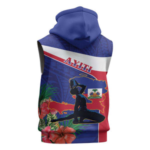 Haiti Neg Marron Sleeveless Hoodie Ayiti Map - Hibiscus Polynesian Pattern - African Pride