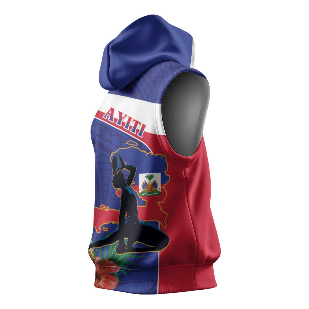 Haiti Neg Marron Sleeveless Hoodie Ayiti Map - Hibiscus Polynesian Pattern - African Pride