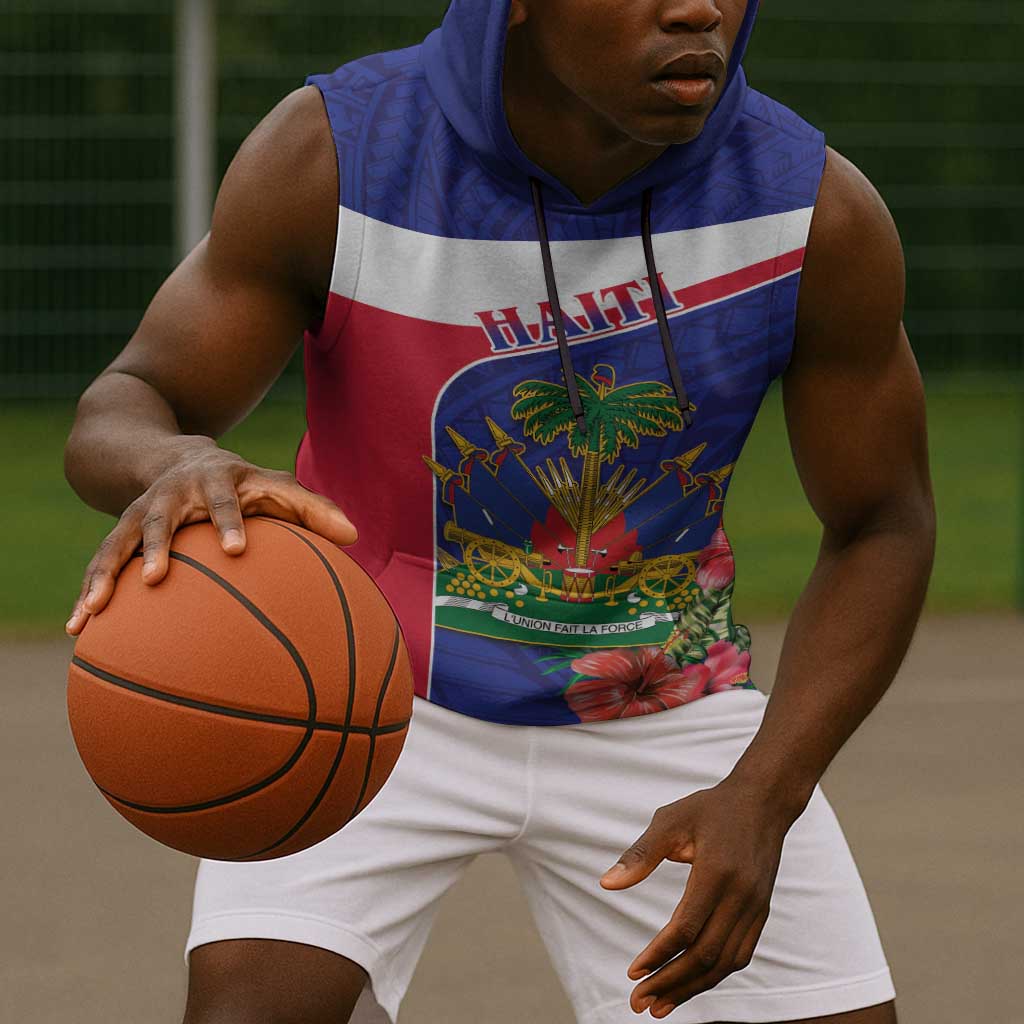 Haiti Neg Marron Sleeveless Hoodie Ayiti Map - Hibiscus Polynesian Pattern - African Pride