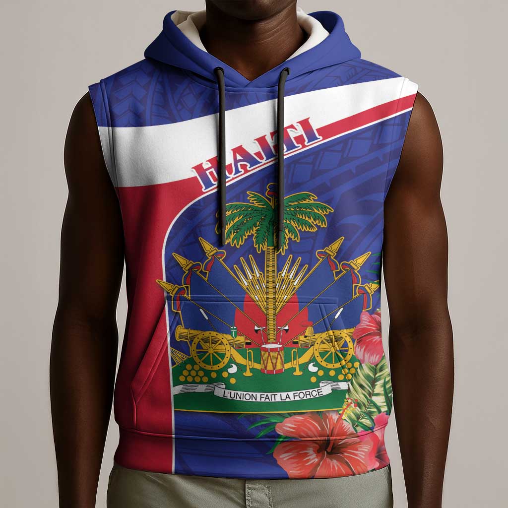 Haiti Neg Marron Sleeveless Hoodie Ayiti Map - Hibiscus Polynesian Pattern - African Pride