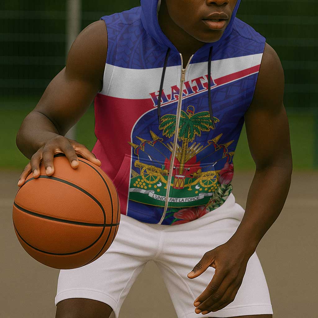 Haiti Neg Marron Sleeveless Zip Hoodie Ayiti Map - Hibiscus Polynesian Pattern - African Pride