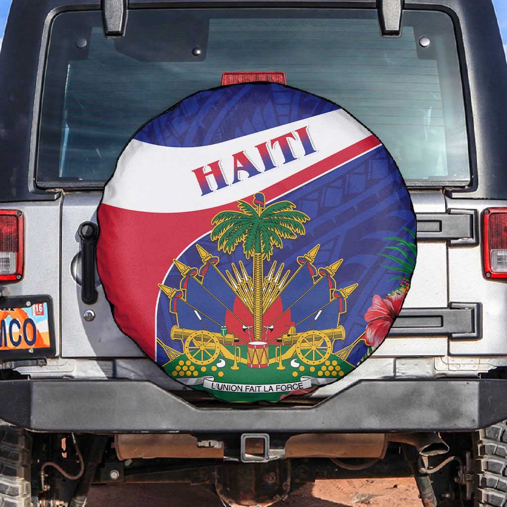 Haiti Neg Marron Spare Tire Cover Ayiti Map - Hibiscus Polynesian Pattern - African Pride