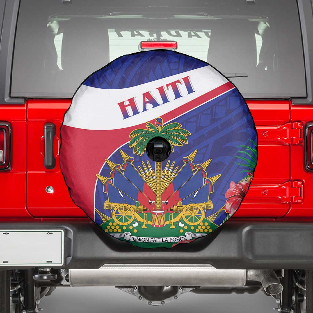 Haiti Neg Marron Spare Tire Cover Ayiti Map - Hibiscus Polynesian Pattern - African Pride