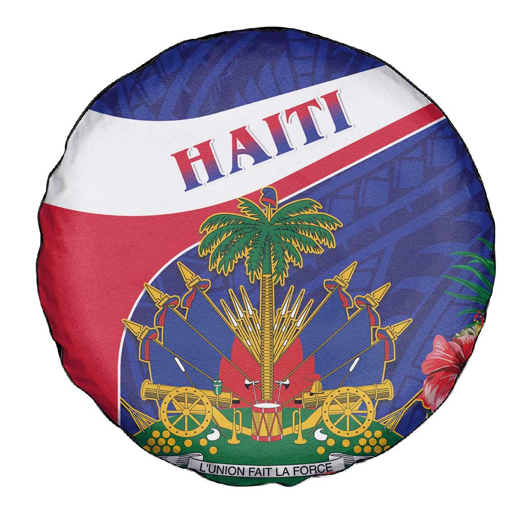 Haiti Neg Marron Spare Tire Cover Ayiti Map - Hibiscus Polynesian Pattern - African Pride
