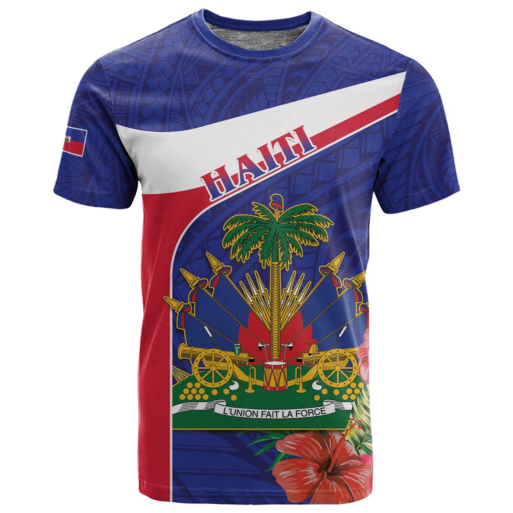 Haiti Neg Marron T shirt Ayiti Map - Hibiscus Polynesian Pattern - African Pride