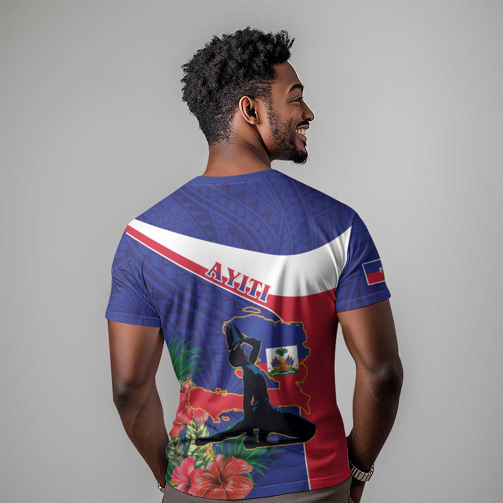 Haiti Neg Marron T shirt Ayiti Map - Hibiscus Polynesian Pattern - African Pride