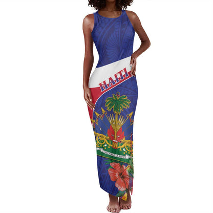 Haiti Neg Marron Tank Maxi Dress Ayiti Map - Hibiscus Polynesian Pattern - African Pride
