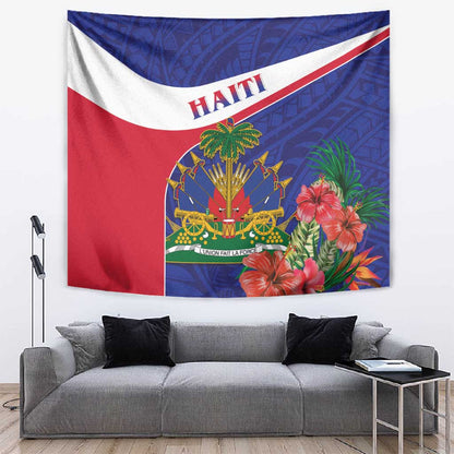 Haiti Neg Marron Tapestry Ayiti Map - Hibiscus Polynesian Pattern - African Pride
