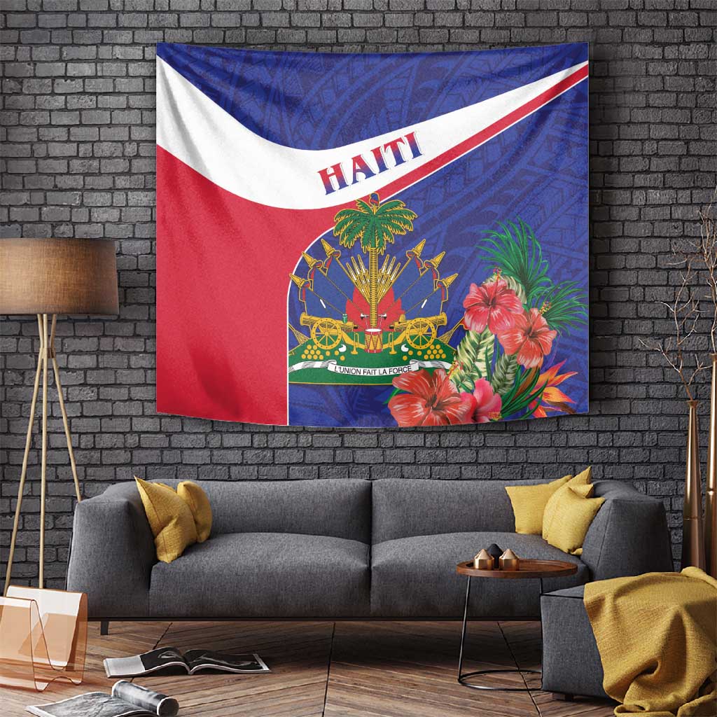 Haiti Neg Marron Tapestry Ayiti Map - Hibiscus Polynesian Pattern - African Pride