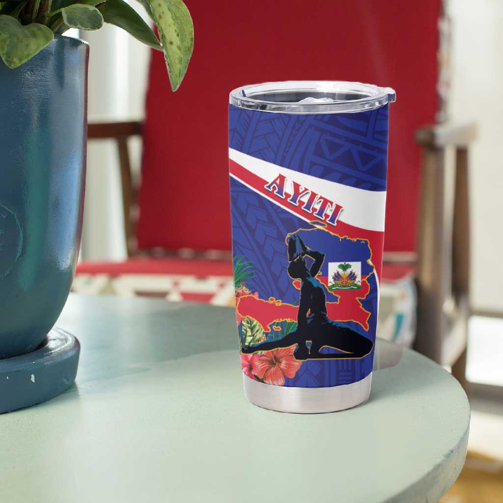 Haiti Neg Marron Tumbler Cup Ayiti Map - Hibiscus Polynesian Pattern - African Pride