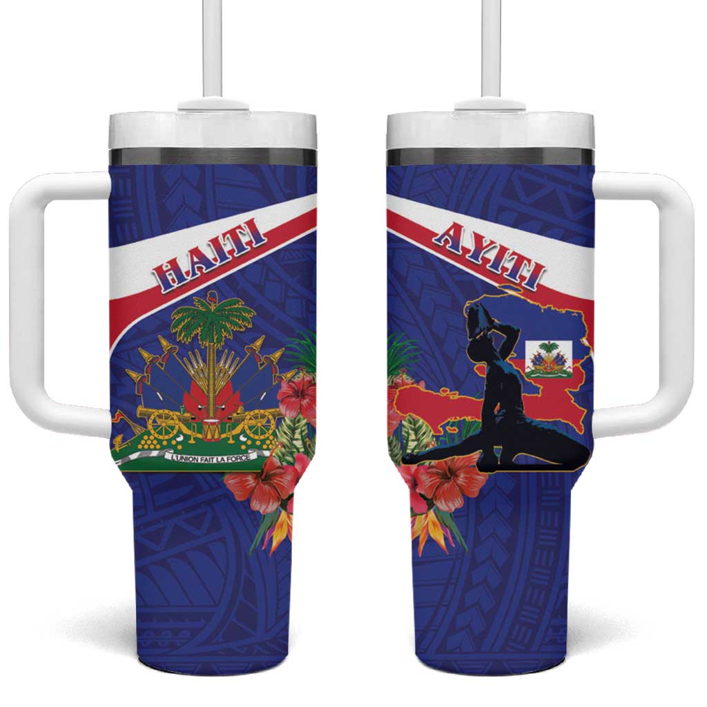 Haiti Neg Marron Tumbler With Handle Ayiti Map - Hibiscus Polynesian Pattern - African Pride