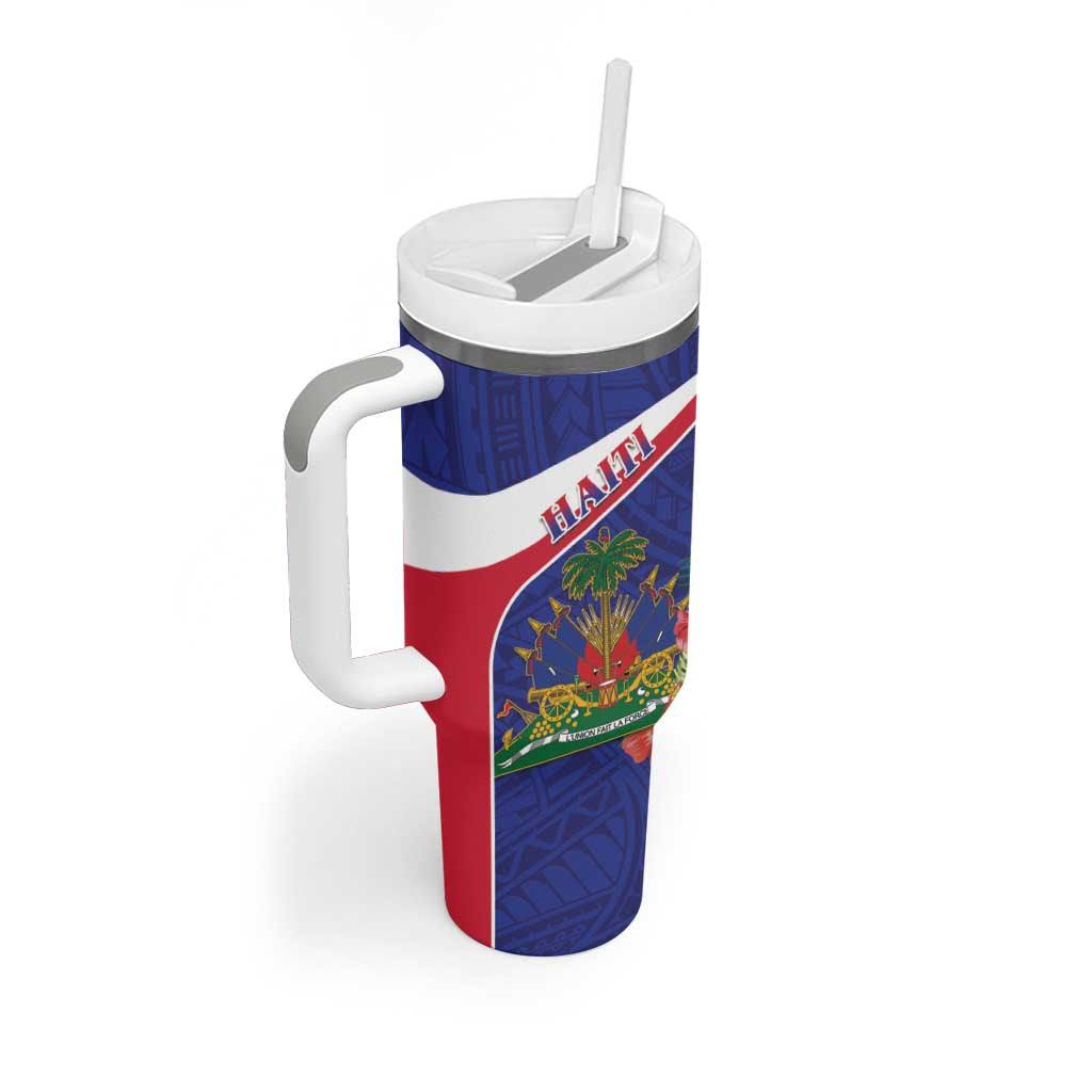 Haiti Neg Marron Tumbler With Handle Ayiti Map - Hibiscus Polynesian Pattern - African Pride