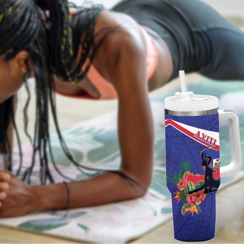 Haiti Neg Marron Tumbler With Handle Ayiti Map - Hibiscus Polynesian Pattern - African Pride