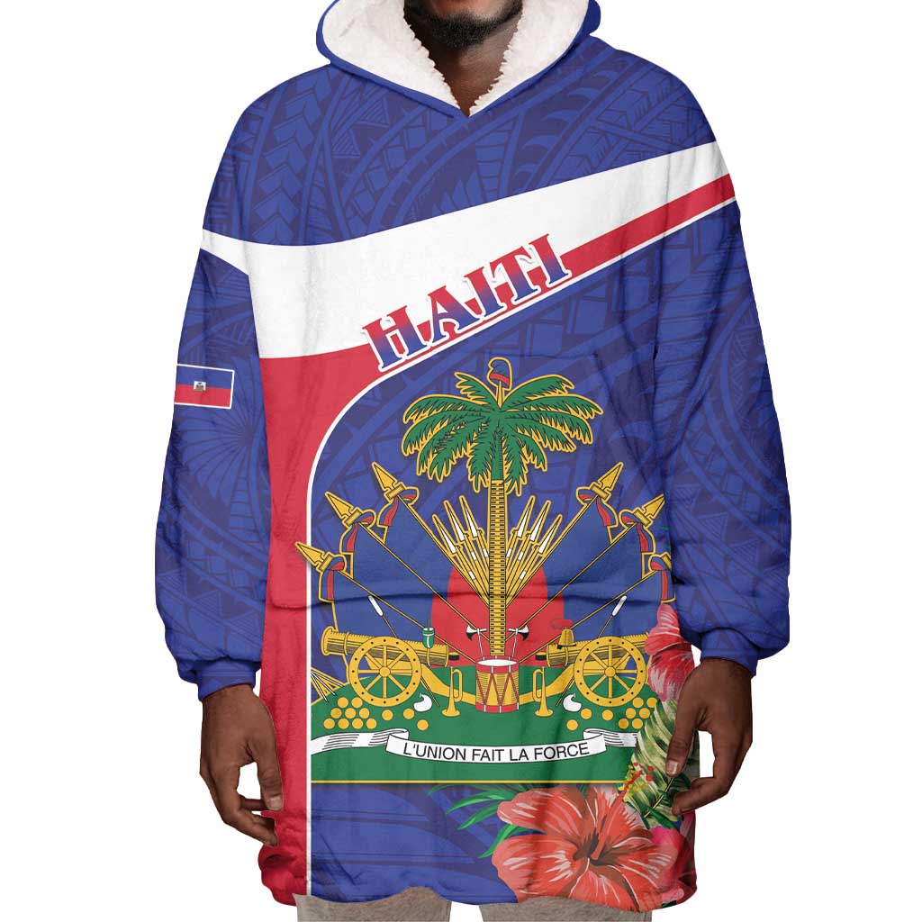 Haiti Neg Marron Wearable Blanket Hoodie Ayiti Map - Hibiscus Polynesian Pattern - African Pride