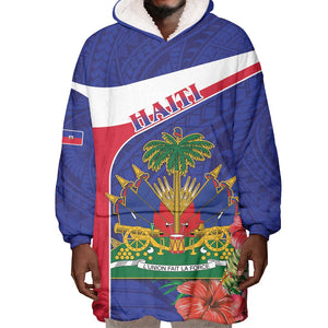 Haiti Neg Marron Wearable Blanket Hoodie Ayiti Map - Hibiscus Polynesian Pattern - African Pride