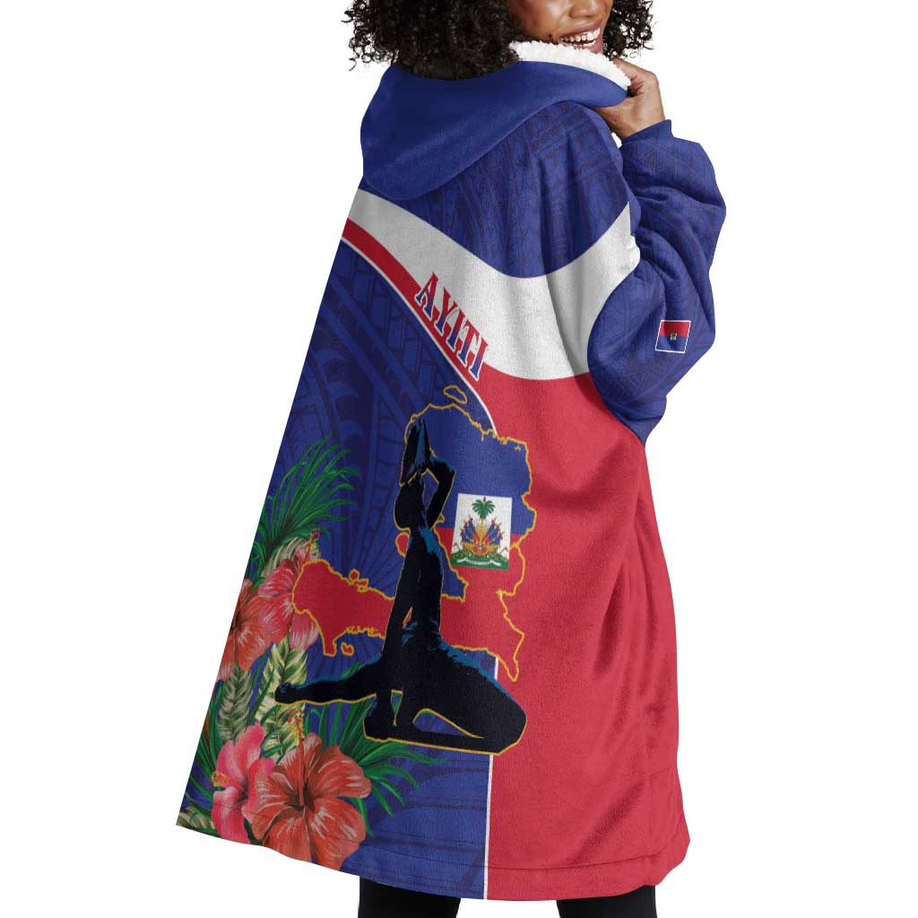 Haiti Neg Marron Wearable Blanket Hoodie Ayiti Map - Hibiscus Polynesian Pattern - African Pride