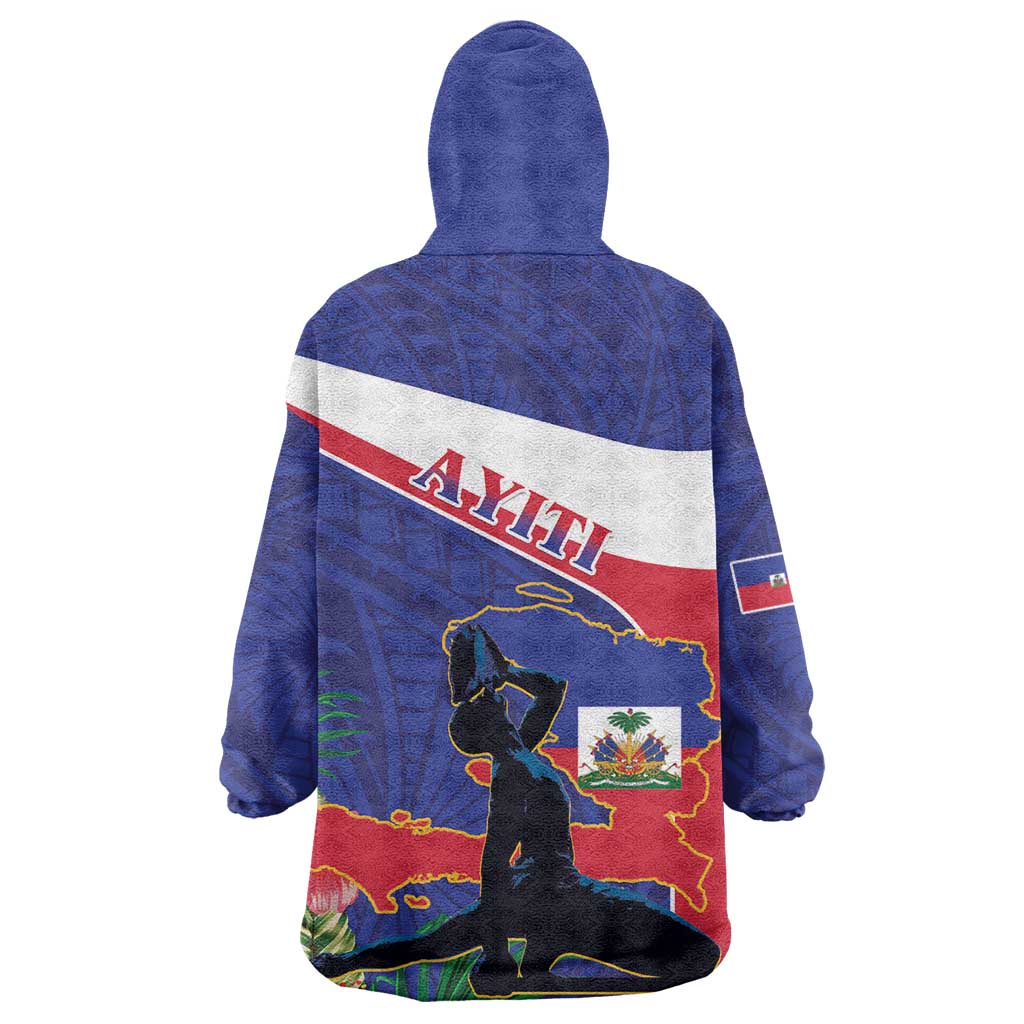 Haiti Neg Marron Wearable Blanket Hoodie Ayiti Map - Hibiscus Polynesian Pattern - African Pride