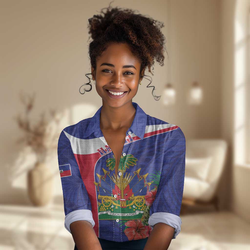 Haiti Neg Marron Women Casual Shirt Ayiti Map - Hibiscus Polynesian Pattern - African Pride