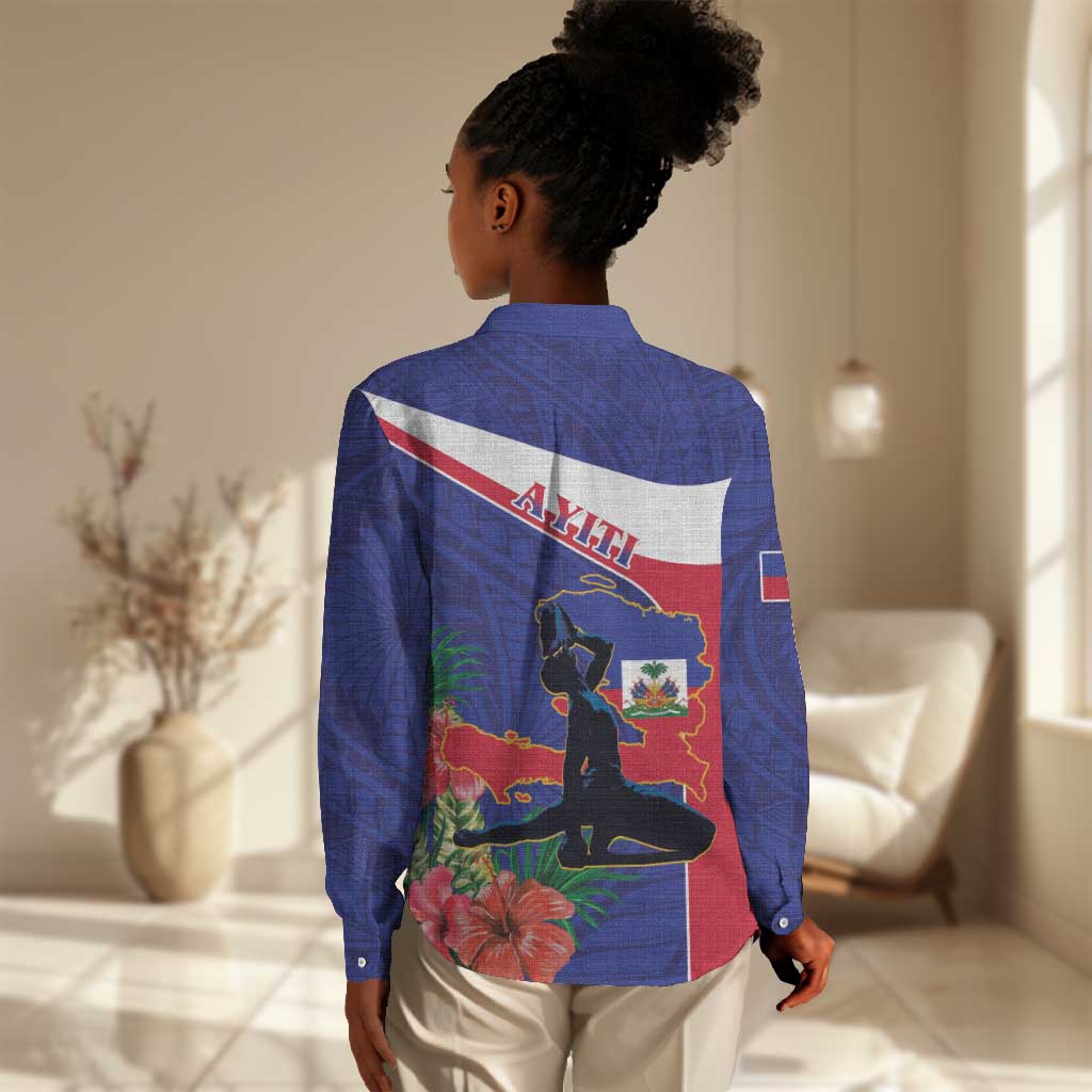 Haiti Neg Marron Women Casual Shirt Ayiti Map - Hibiscus Polynesian Pattern - African Pride