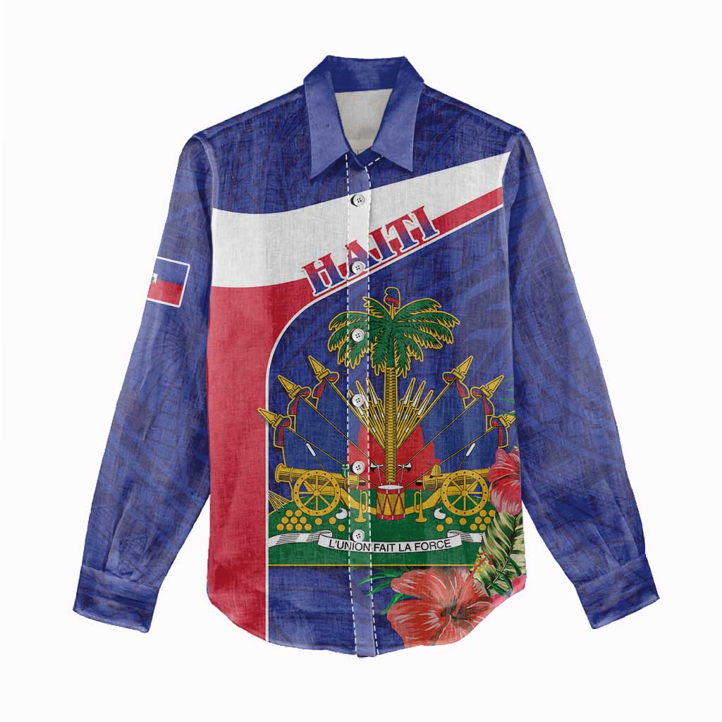 Haiti Neg Marron Women Casual Shirt Ayiti Map - Hibiscus Polynesian Pattern - African Pride