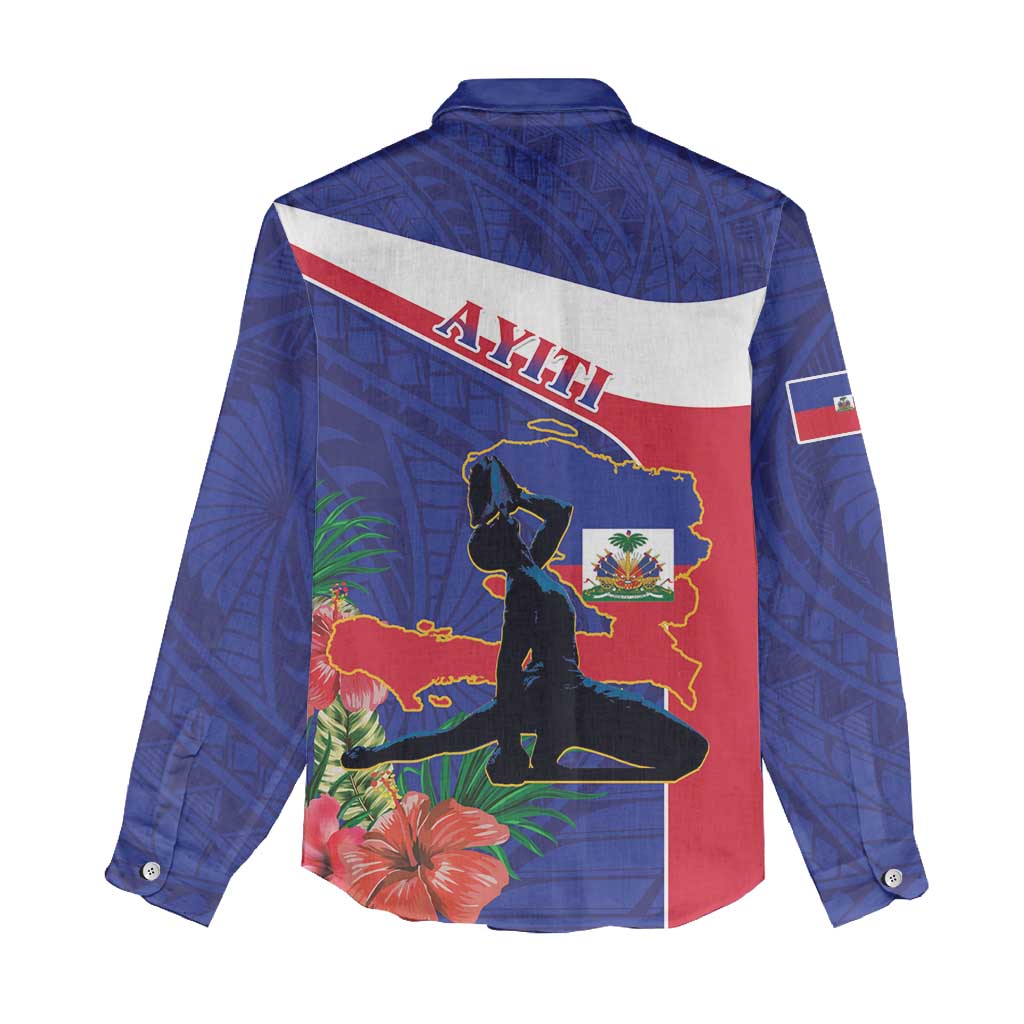 Haiti Neg Marron Women Casual Shirt Ayiti Map - Hibiscus Polynesian Pattern - African Pride