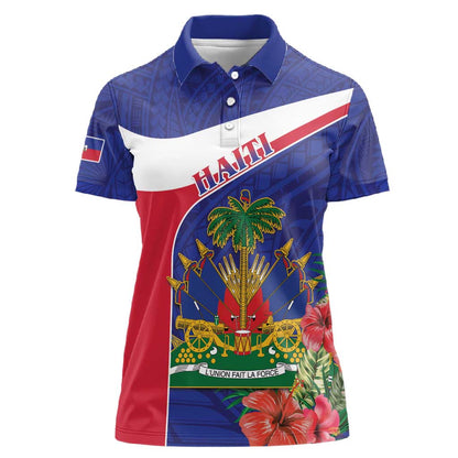 Haiti Neg Marron Women Polo Shirt Ayiti Map - Hibiscus Polynesian Pattern - African Pride