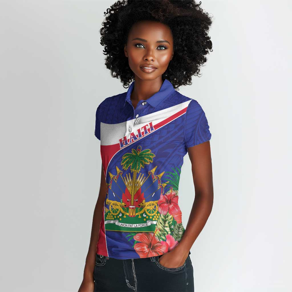 Haiti Neg Marron Women Polo Shirt Ayiti Map - Hibiscus Polynesian Pattern - African Pride