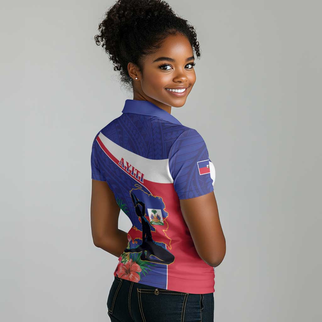 Haiti Neg Marron Women Polo Shirt Ayiti Map - Hibiscus Polynesian Pattern - African Pride