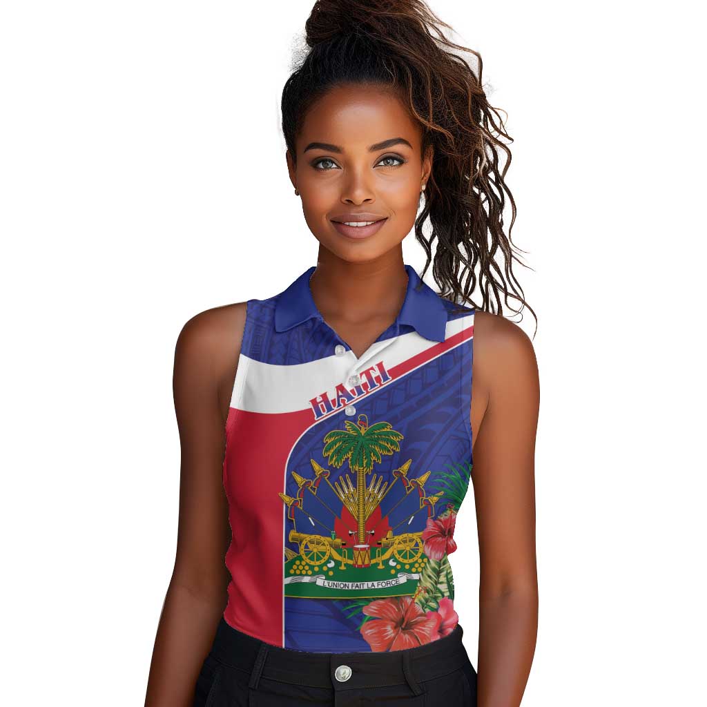 Haiti Neg Marron Women Sleeveless Polo Shirt Ayiti Map - Hibiscus Polynesian Pattern - African Pride