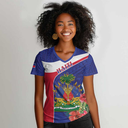 Haiti Neg Marron Women V-Neck T-Shirt Ayiti Map - Hibiscus Polynesian Pattern - African Pride