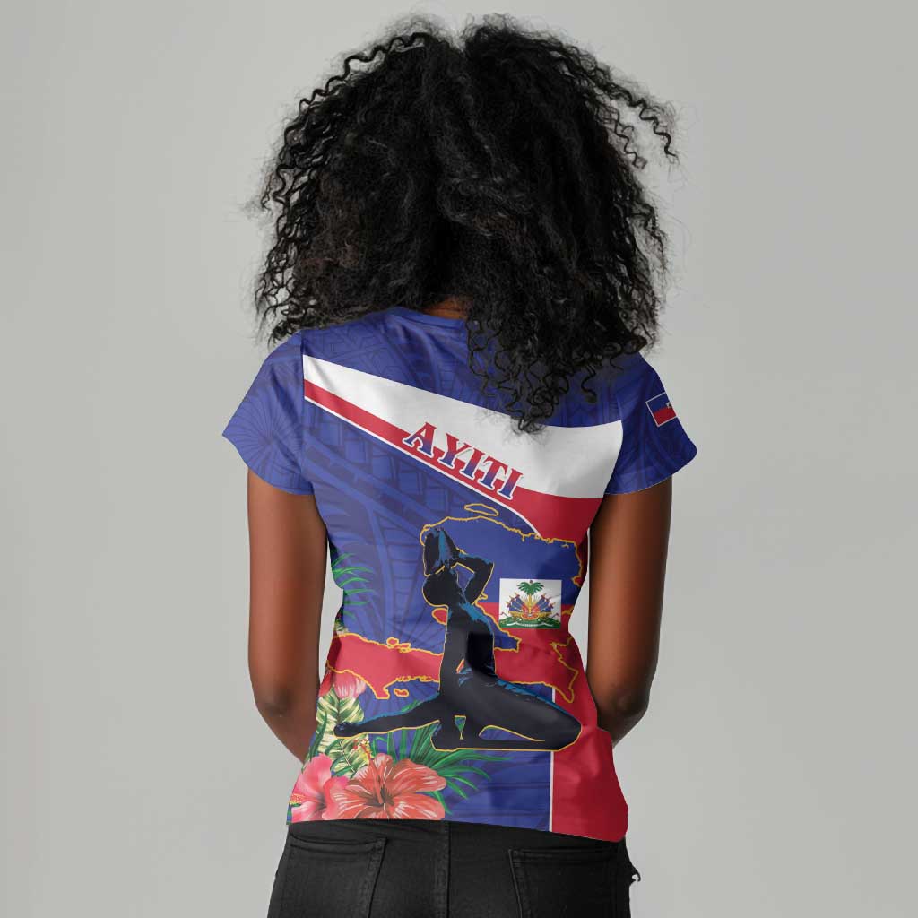 Haiti Neg Marron Women V-Neck T-Shirt Ayiti Map - Hibiscus Polynesian Pattern - African Pride