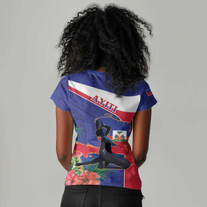 Haiti Neg Marron Women V-Neck T-Shirt Ayiti Map - Hibiscus Polynesian Pattern - African Pride