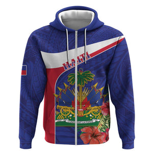 Haiti Neg Marron Zip Hoodie Ayiti Map - Hibiscus Polynesian Pattern - African Pride