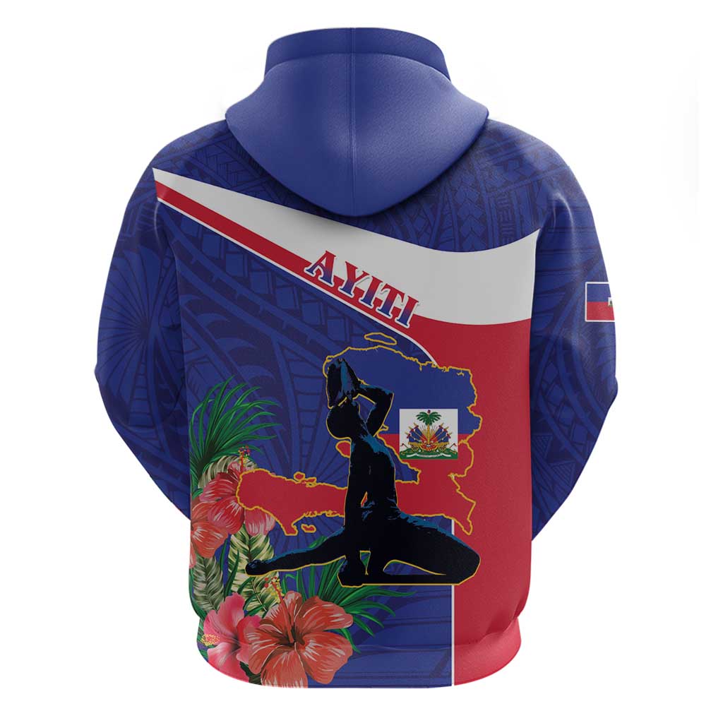 Haiti Neg Marron Zip Hoodie Ayiti Map - Hibiscus Polynesian Pattern - African Pride