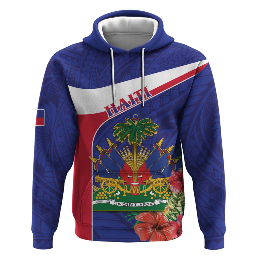 Haiti Neg Marron Zip Hoodie Ayiti Map - Hibiscus Polynesian Pattern - African Pride