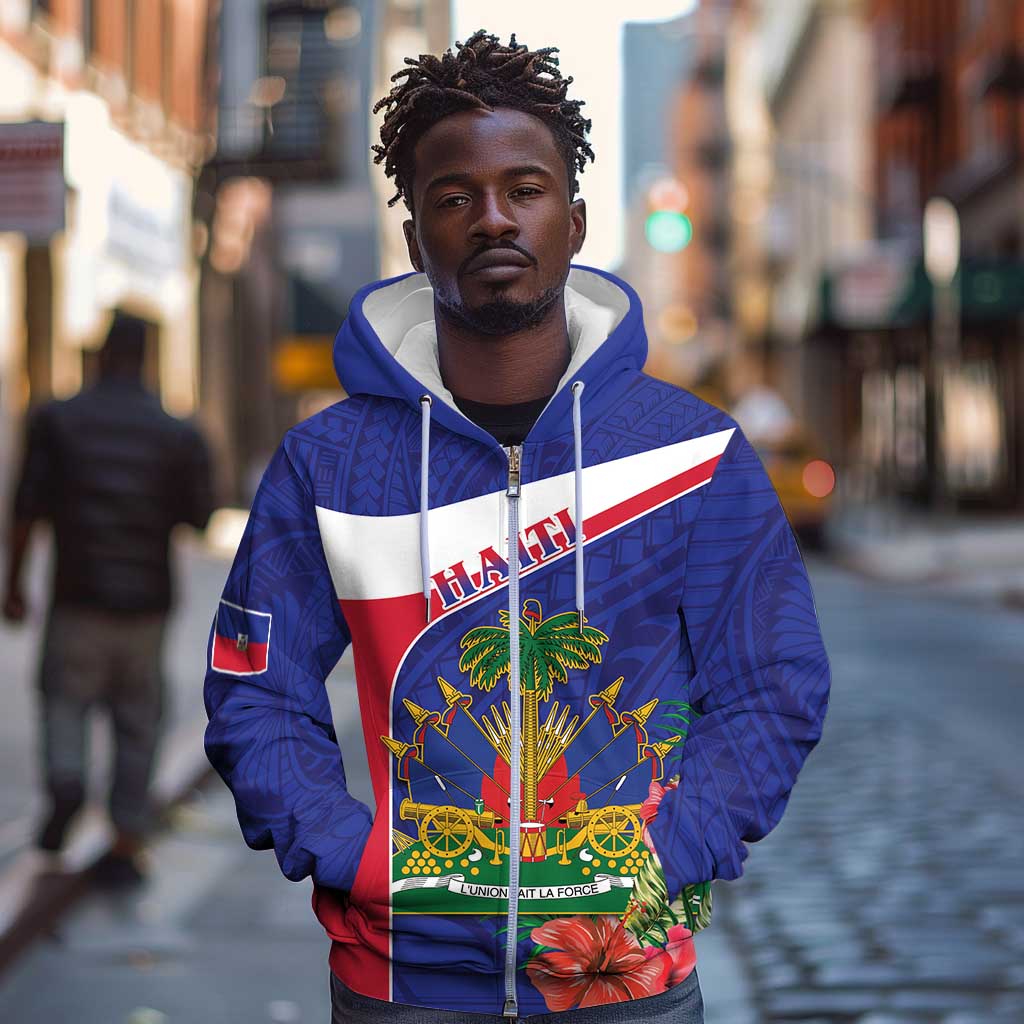 Haiti Neg Marron Zip Hoodie Ayiti Map - Hibiscus Polynesian Pattern - African Pride