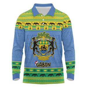 Afro Gabon Christmas Long Sleeve Polo Shirt Coat Of Arm Mix African Pattern