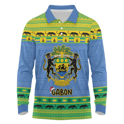 Afro Gabon Christmas Long Sleeve Polo Shirt Coat Of Arm Mix African Pattern