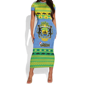 Afro Gabon Christmas Short Sleeve Bodycon Dress Coat Of Arms Mix African Pattern LT15