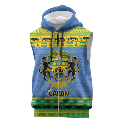 Afro Gabon Christmas Sleeveless Zip Hoodie Coat Of Arm Mix African Pattern - African Pride