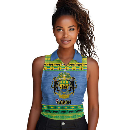 Afro Gabon Christmas Women Sleeveless Polo Shirt Coat Of Arm Mix African Pattern