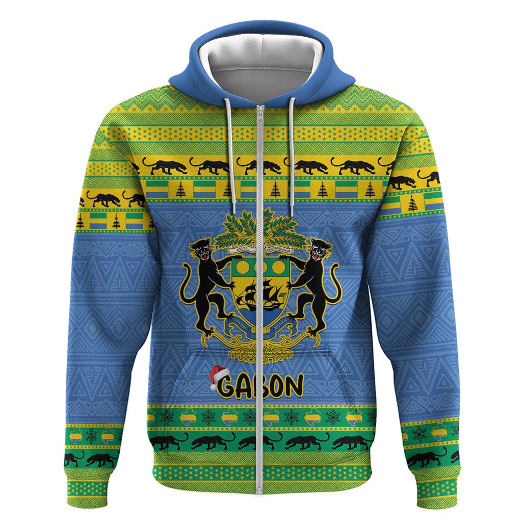 Afro Gabon Christmas Zip Hoodie Coat Of Arm Mix African Pattern