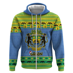 Afro Gabon Christmas Zip Hoodie Coat Of Arm Mix African Pattern