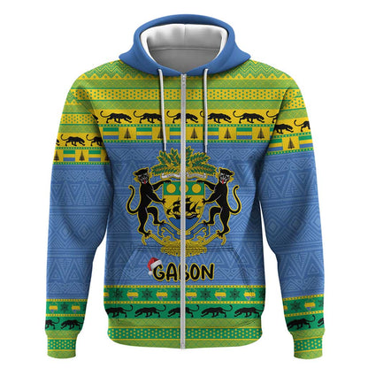 Afro Gabon Christmas Zip Hoodie Coat Of Arm Mix African Pattern