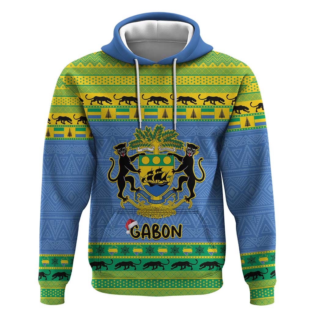 Afro Gabon Christmas Zip Hoodie Coat Of Arm Mix African Pattern