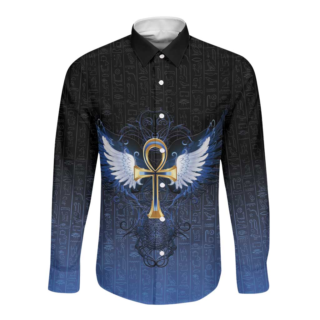 Personalised Egyptian Ankh Long Sleeve Button Shirt Egypt Hieroglyphs Pattern